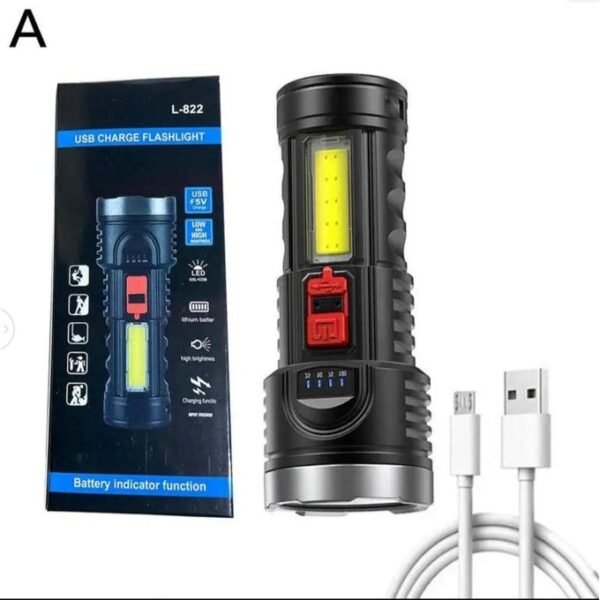 Lampe de poche L-822-6 LED avec chargement USB + lumière latérale COB – Image 2